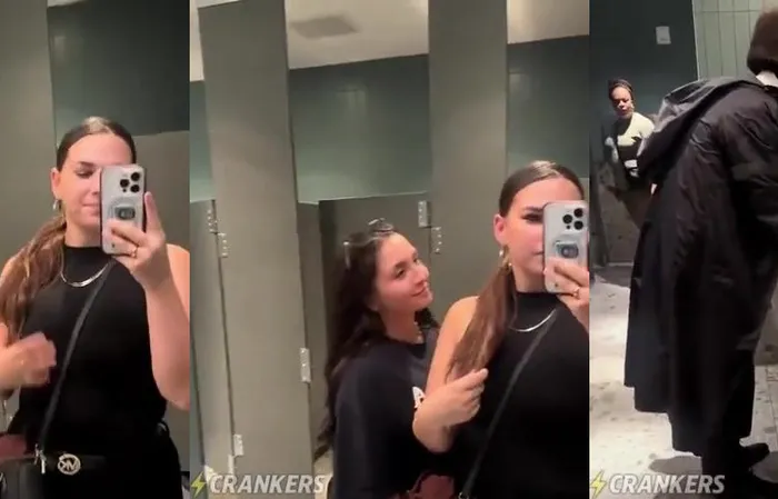 WHAT is that guy doing in the women's bathroom?