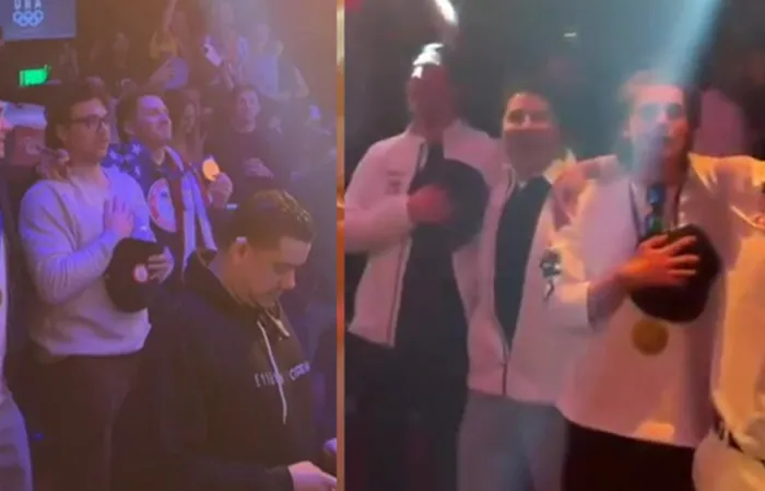 Men's USA hockey team sings National Anthem at Miami nightclub