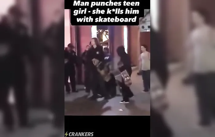 Man punches girl, then gets destroyed by a skateboard
