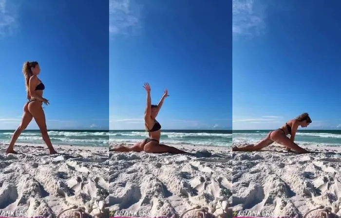 Doing splits in the hot sand