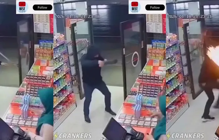 Robber walks in with a machete, and the cashier responds with a flamethrower