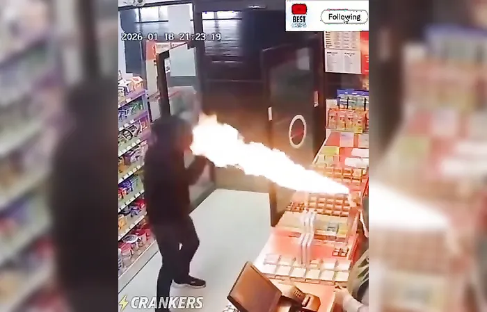 Robber walks in with a machete, and the cashier responds with a flamethrower