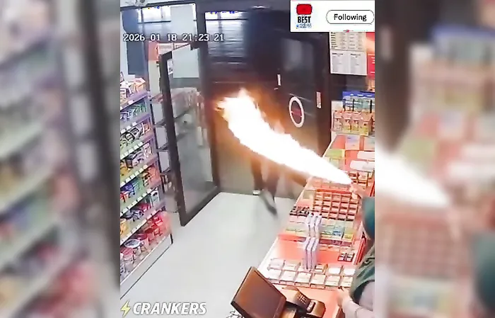Robber walks in with a machete, and the cashier responds with a flamethrower