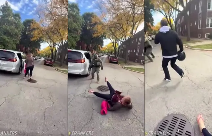 ICE agent shoves a lady who's chasing their vehicle and trying to get in the way