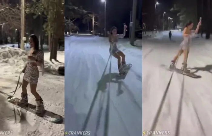 snowboarding in a glittery miniskirt
