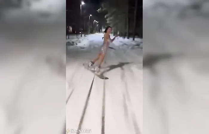 snowboarding in a glittery miniskirt