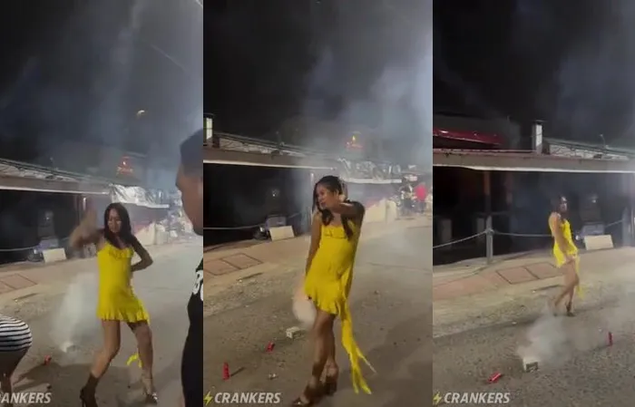 Tight yellow dress activated by fireworks