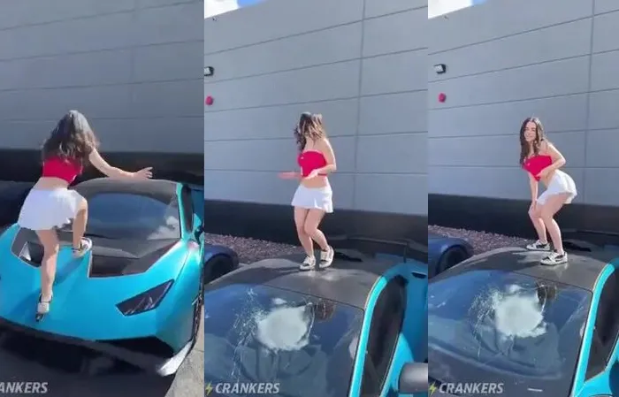 Woman breaks car windshield for a TikTok dance