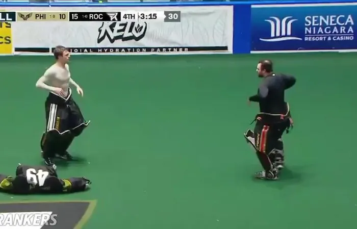 Lacrosse Goalies rip off the pads, go at it