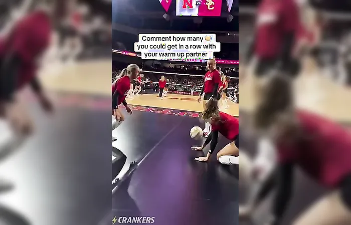 Pancake drill before women's volleyball match GETS LOW