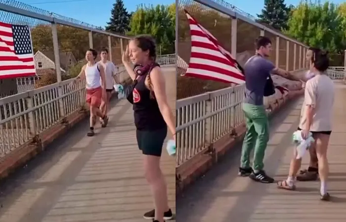 Group of feminists try destroying an American flag