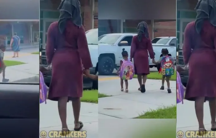 Mom faces backlash for wearing robe and a towel to drop off kids at school