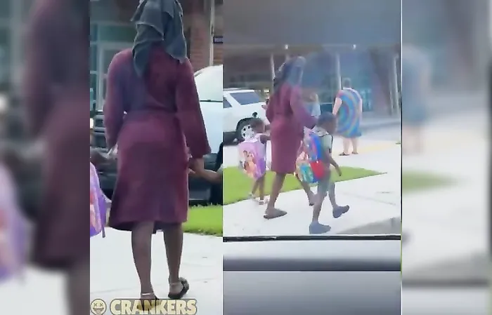 Mom faces backlash for wearing robe and a towel to drop off kids at school