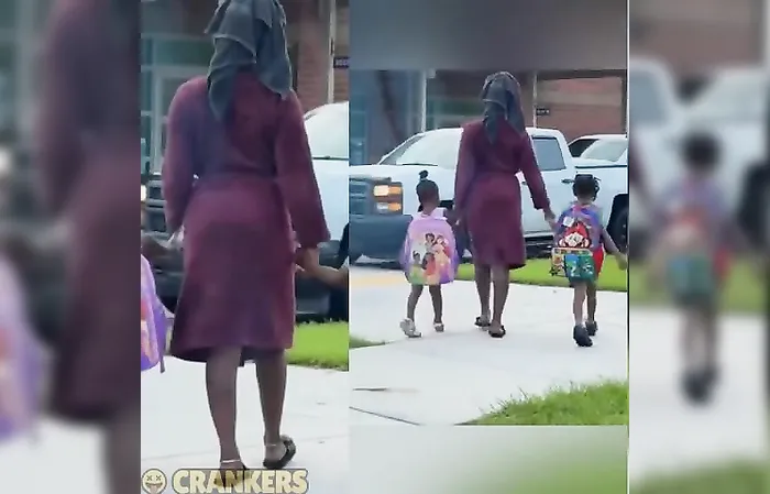 Mom faces backlash for wearing robe and a towel to drop off kids at school