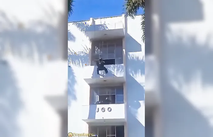 Cop is like spiderman taking out suspect holding someone hostage