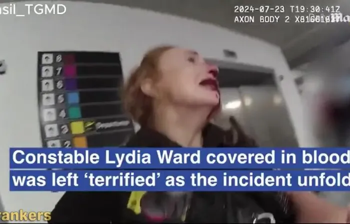 Female cop crying over a broken nose