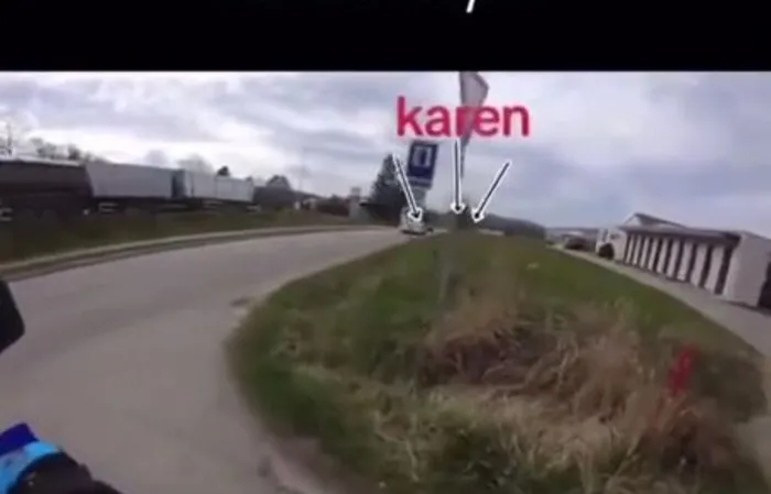 Clown Car Karen chases guy on a bike