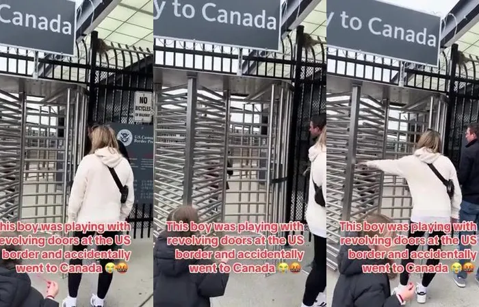 Kid playing with revolving gate accidentally goes to Canada