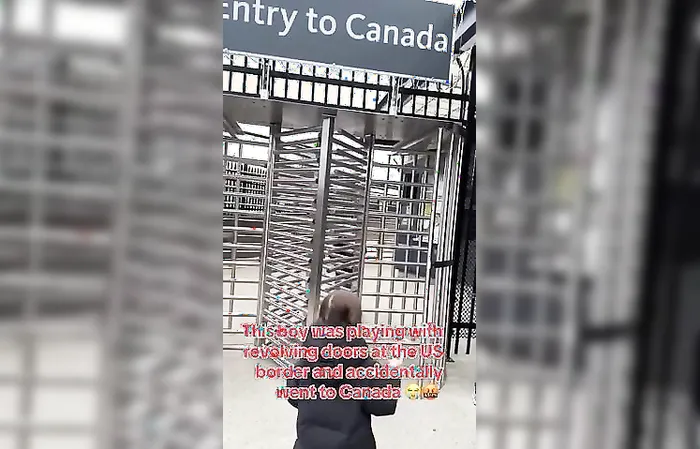 Kid playing with revolving gate accidentally goes to Canada