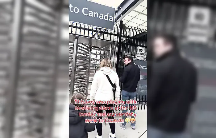 Kid playing with revolving gate accidentally goes to Canada