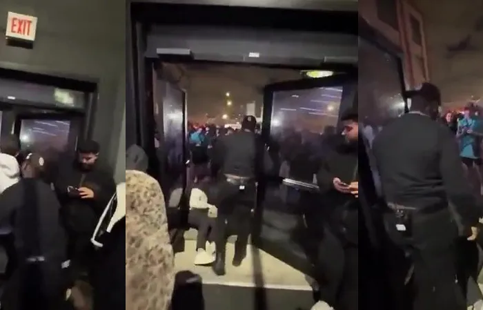 Bouncer pushes dude THROUGHT the door