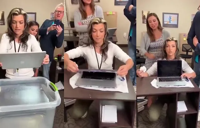 Woman ruins a MacBook by dipping it in water for a vinyl skin