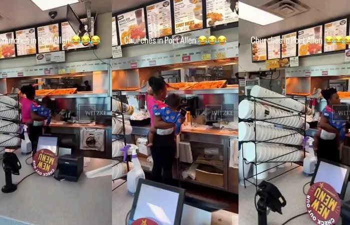 Woman goes behind counter to take chicken, uses baby as human meat shield