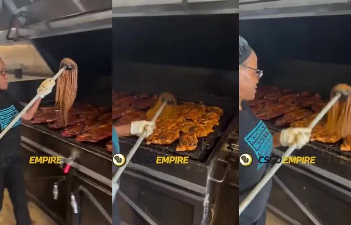 Woman MOPS the food on her grill